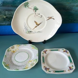 3 Antique Plates in a Green Theme Birds Floral